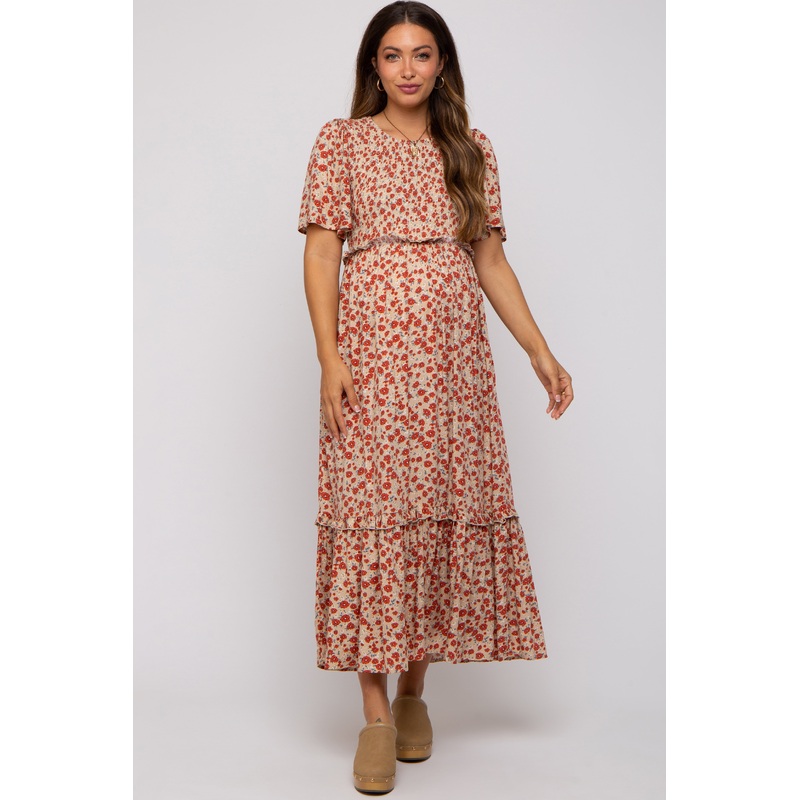 Beige Floral Smocked Flutter Short Sleeve Maternity Midi Dress