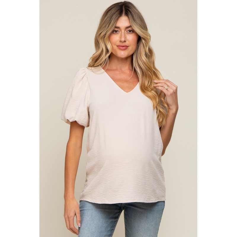 Beige Puff Sleeve V-Neck Maternity Top