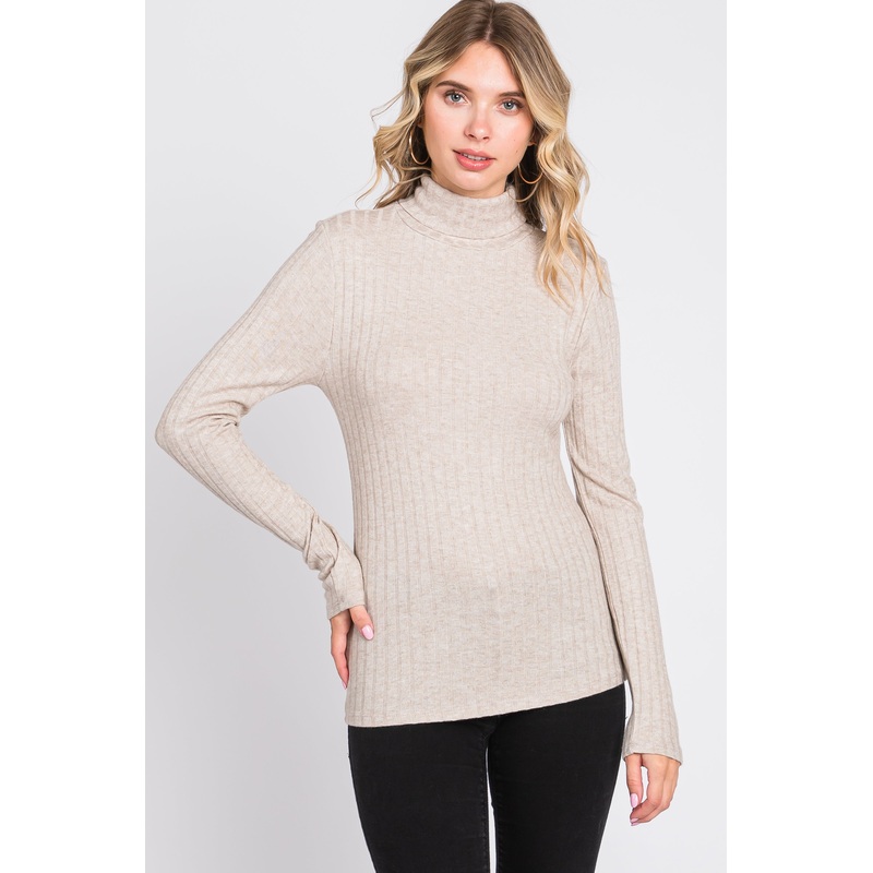 Beige Ribbed Long Sleeve Turtle Neck Top