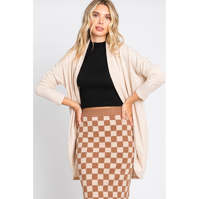 Beige Ribbed Open Front Cardigan
