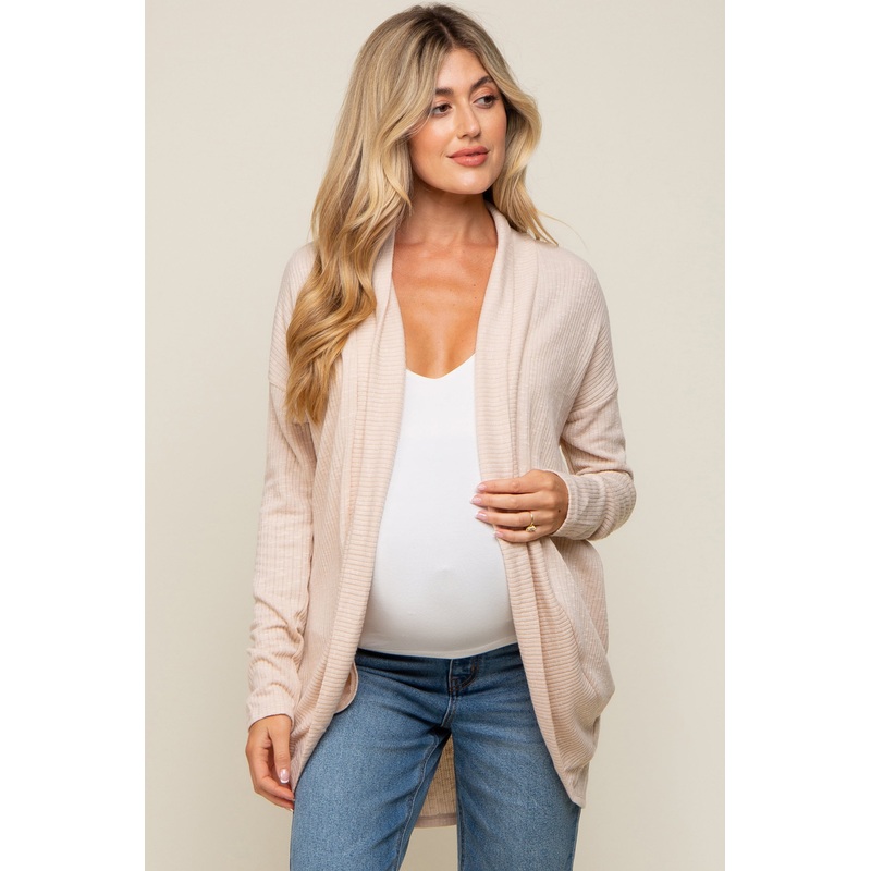Beige Ribbed Open Front Maternity Cardigan