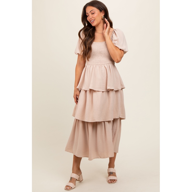 Beige Smocked Square Neck Short Puff Sleeve Ruffle Tiered Maternity Midi Dress