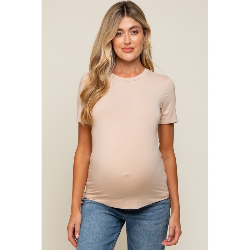 Beige Soft Knit Basic Maternity T-Shirt