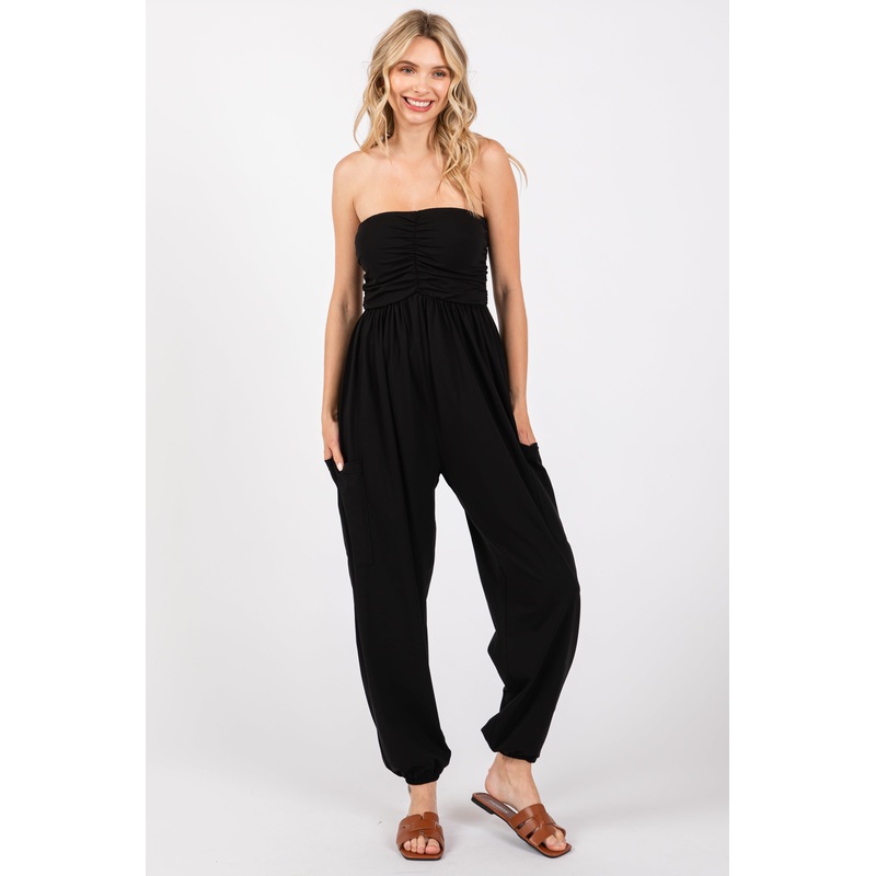 Black Strapless Ruched Top Jumpsuit