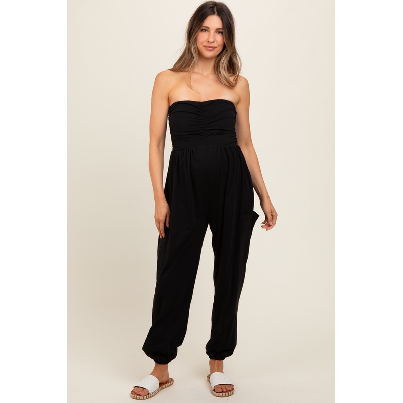 Black Strapless Ruched Top Maternity Jumpsuit