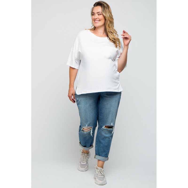 Blue Distressed Knee Cuffed Hem Maternity Plus Jeans