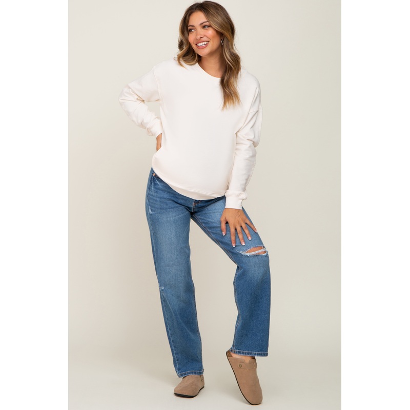 Blue Slightly Distressed Rip Knee Maternity Jeans