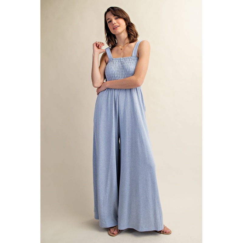 Blue Smocked Wide Leg Jumpsuit