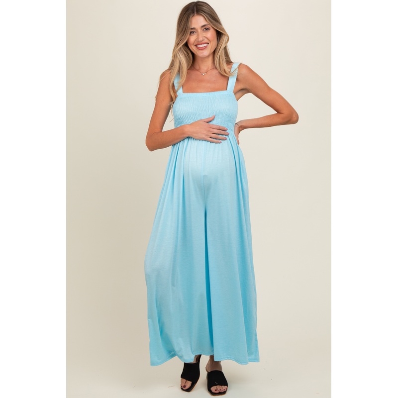 Blue Smocked Wide Leg Maternity Jumpsuit