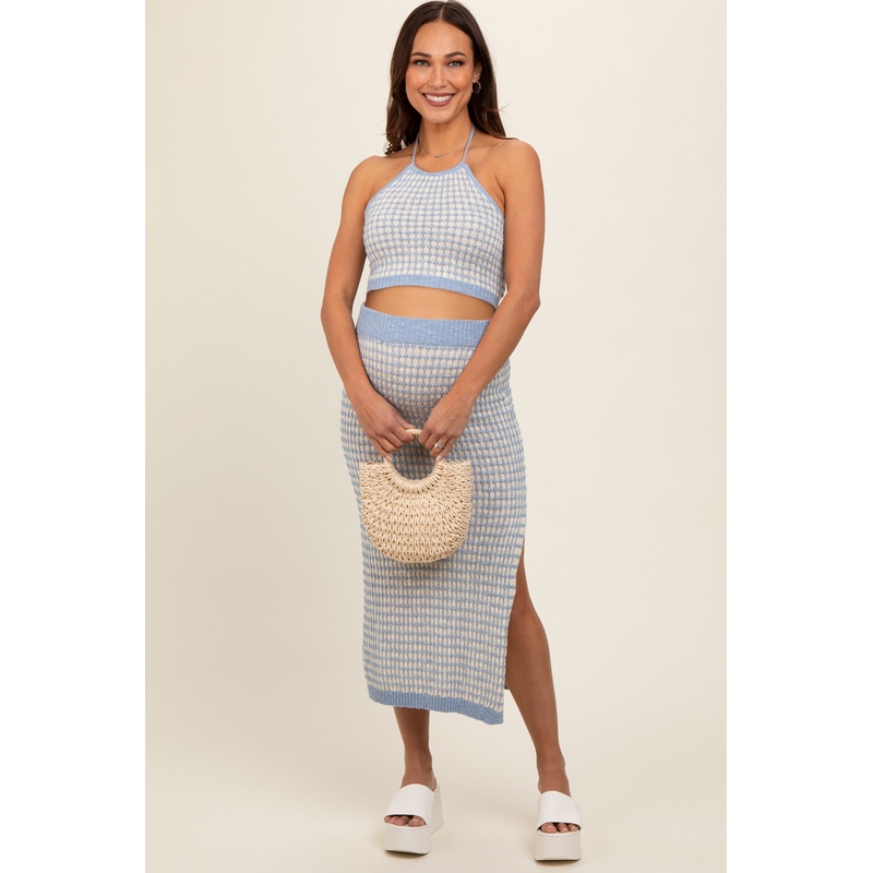 Blue Striped Crochet Crop Maternity Swimsuit Cover Up Set