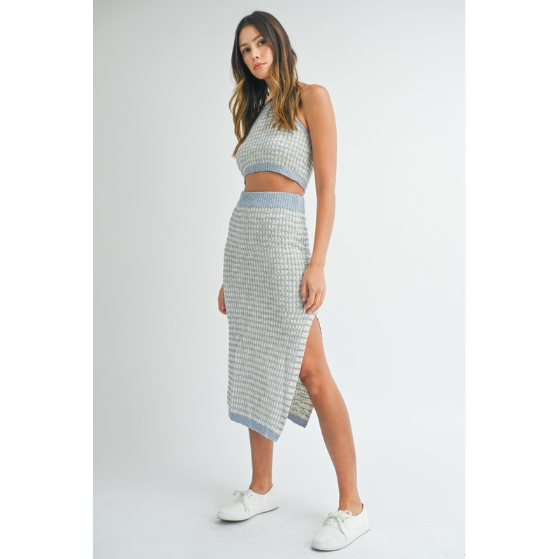 Blue Striped Crochet Crop Swimsuit Cover Up Set