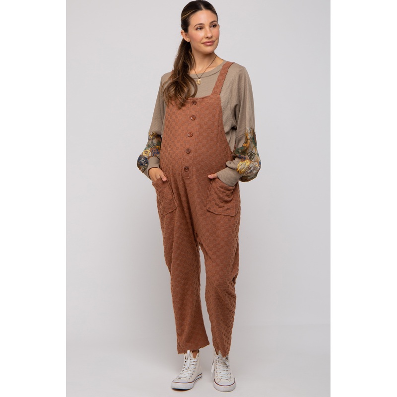 Brown Checkered Soft Knit Maternity Overall