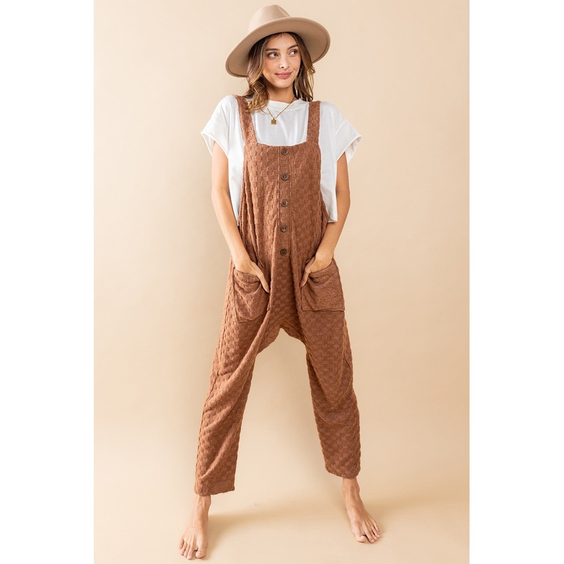 Brown Checkered Soft Knit Overall