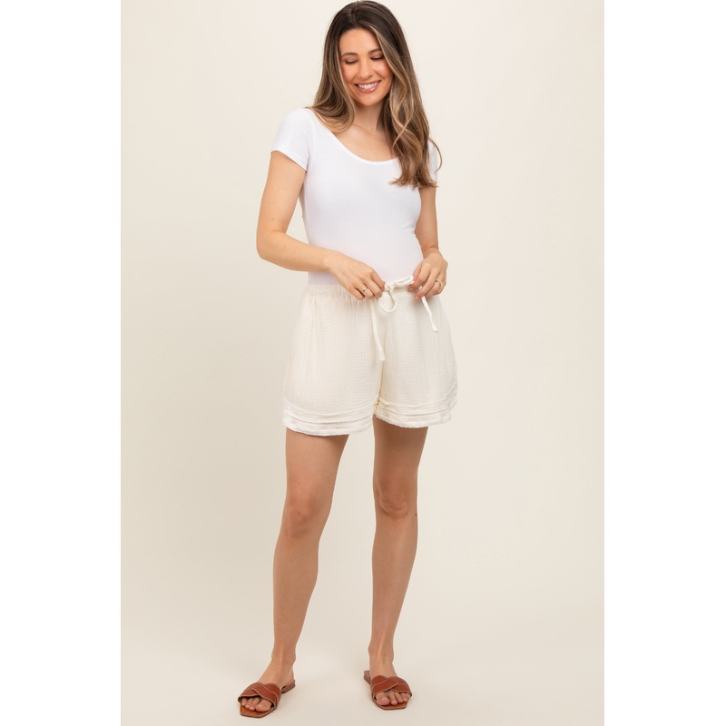 Cream Unfinished Hem Maternity Shorts