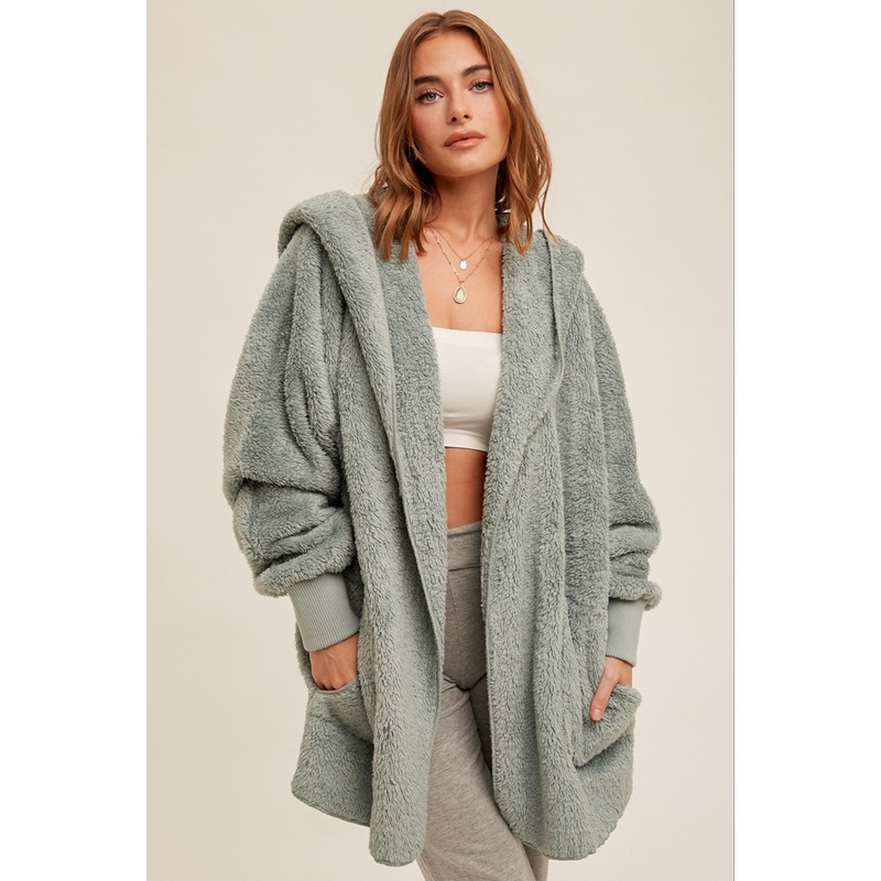 Mint Green Fuzzy Hooded Long Sleeve Jacket