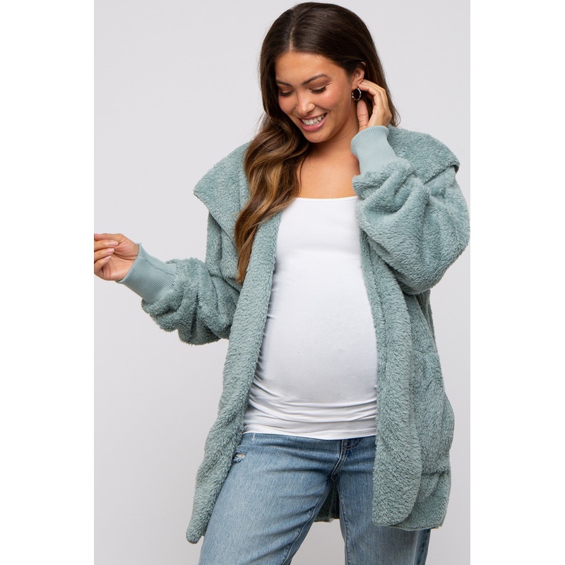 Mint Green Fuzzy Hooded Long Sleeve Maternity Jacket