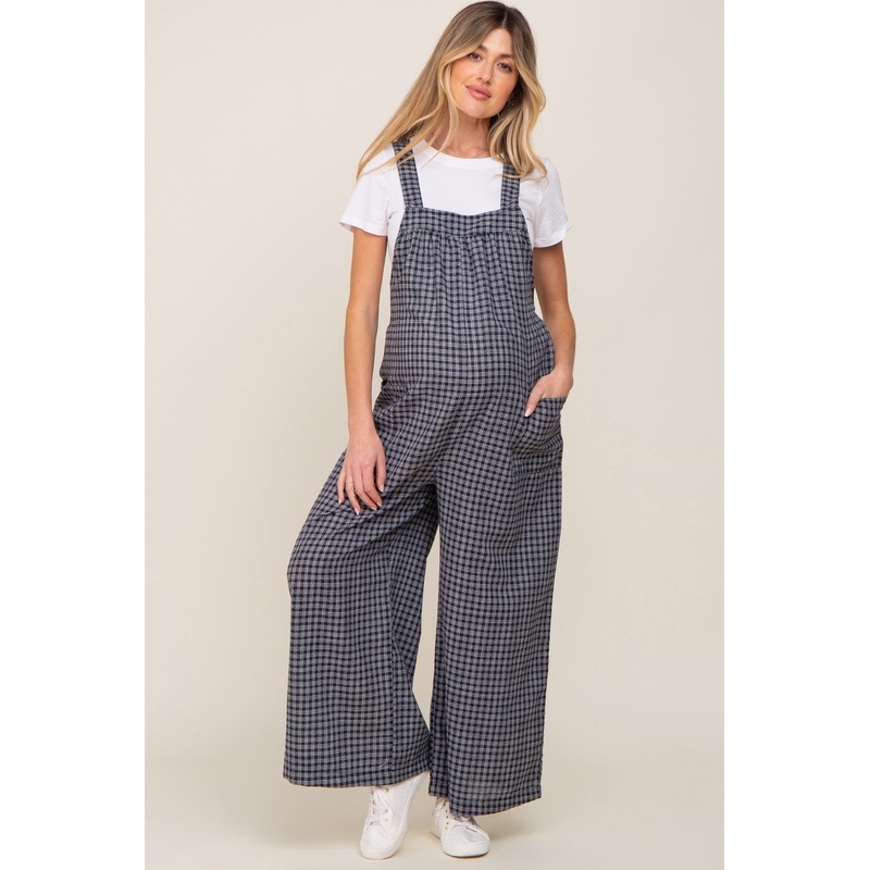 Navy Plaid Tie Back Maternity Overall