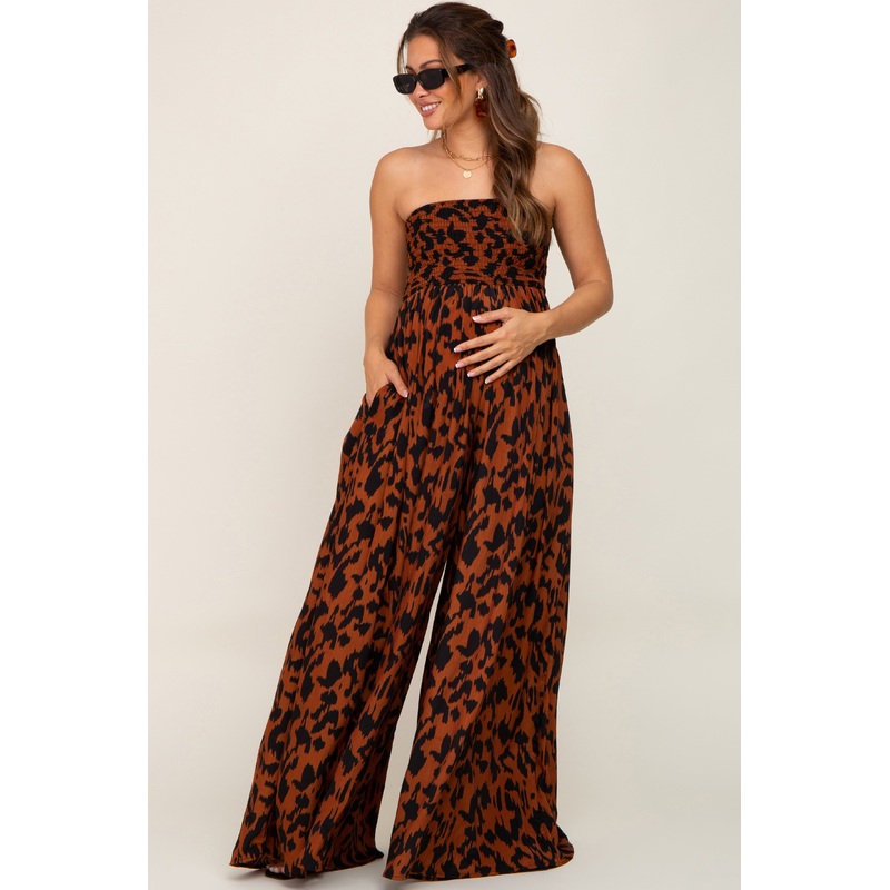 Rust Animal Print Strapless Maternity Jumpsuit