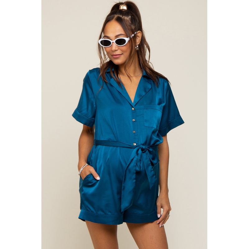 Teal Satin Button Down Maternity Romper