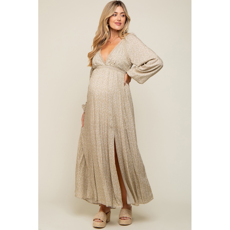 Beige Floral Lace Accent Side Slit Maternity Maxi Dress