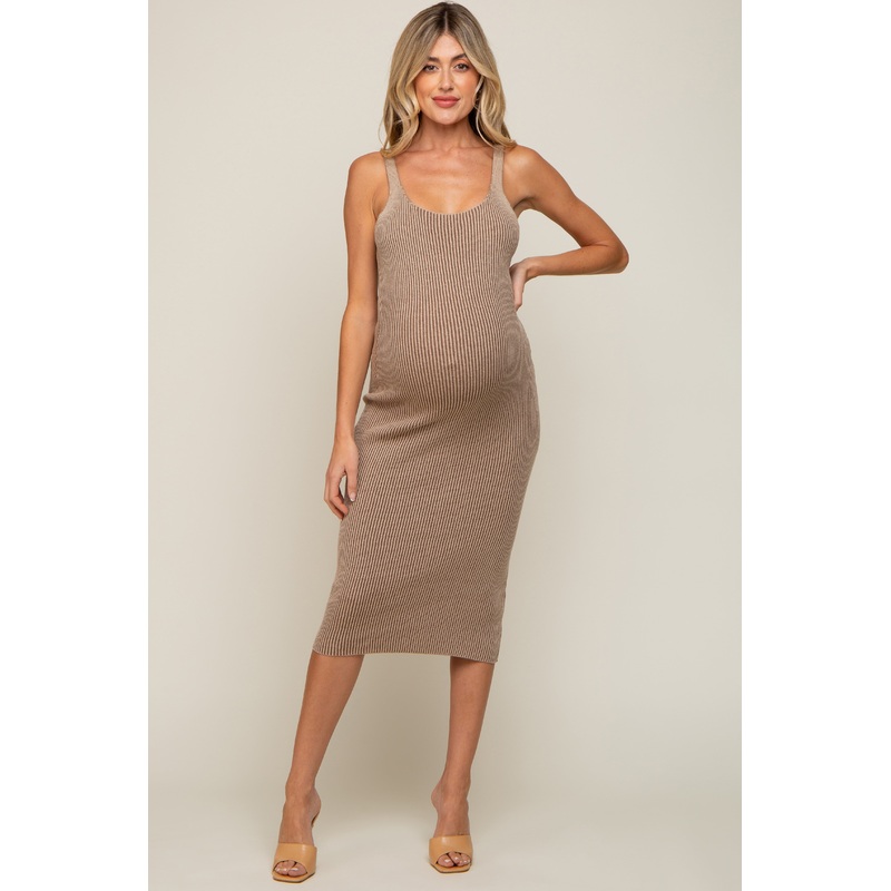 Beige Rib Knit Lace Up Back Maternity Midi Dress