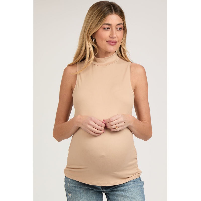 Beige Sleeveless Mock Neck Maternity Top