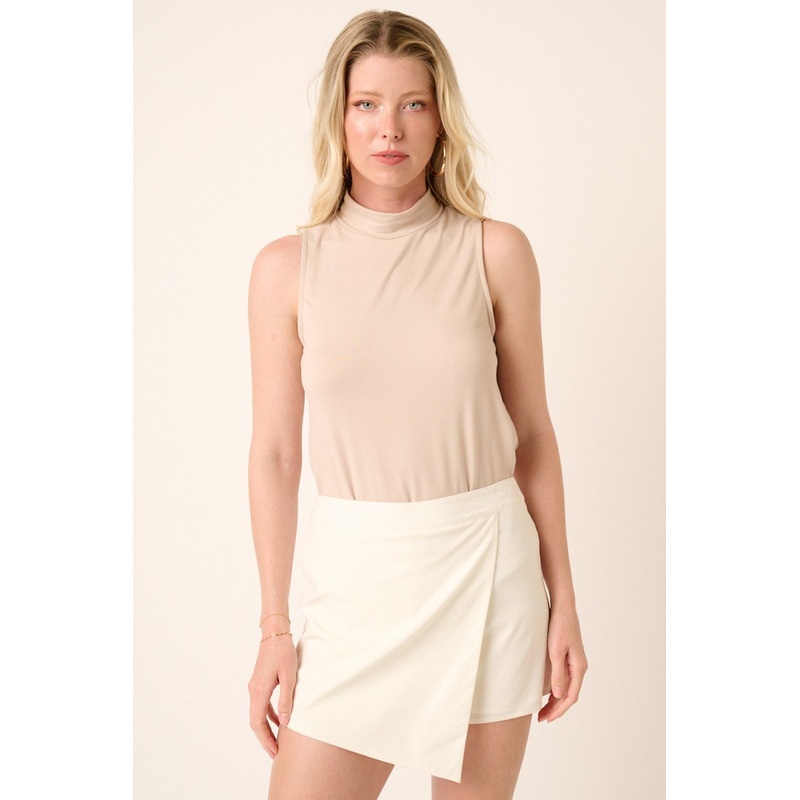 Beige Sleeveless Mock Neck Top