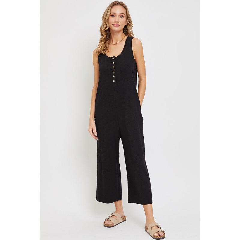Black Ribbed Button Front Sleeveless Jumpsuit