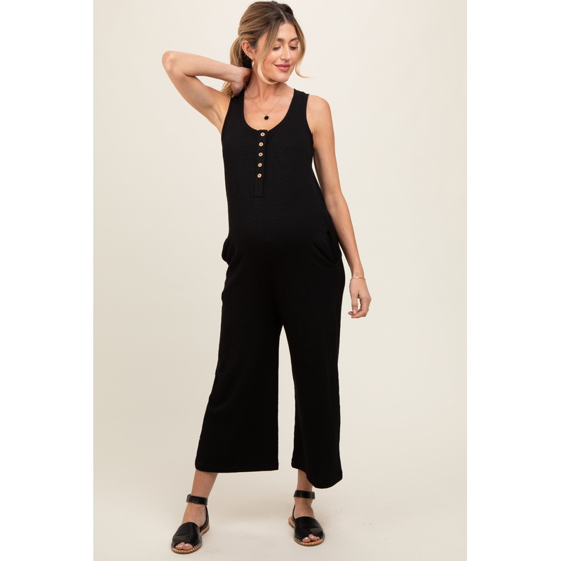 Black Ribbed Button Front Sleeveless Maternity Jumpsuit