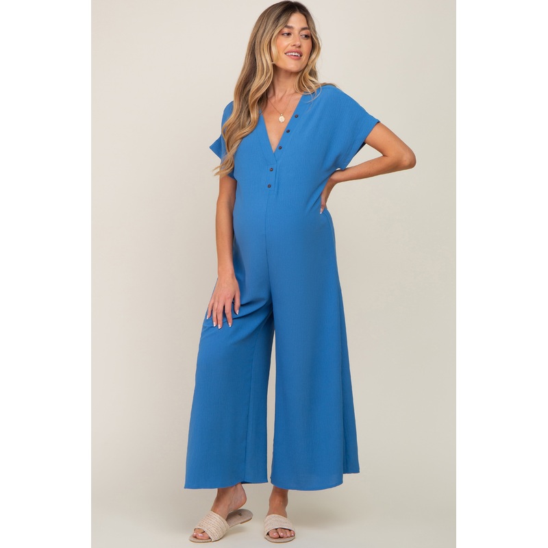 Blue Front Button Accent Maternity Jumpsuit