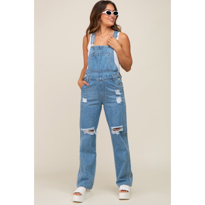 Blue Medium Wash Distressed Denim Maternity Overalls
