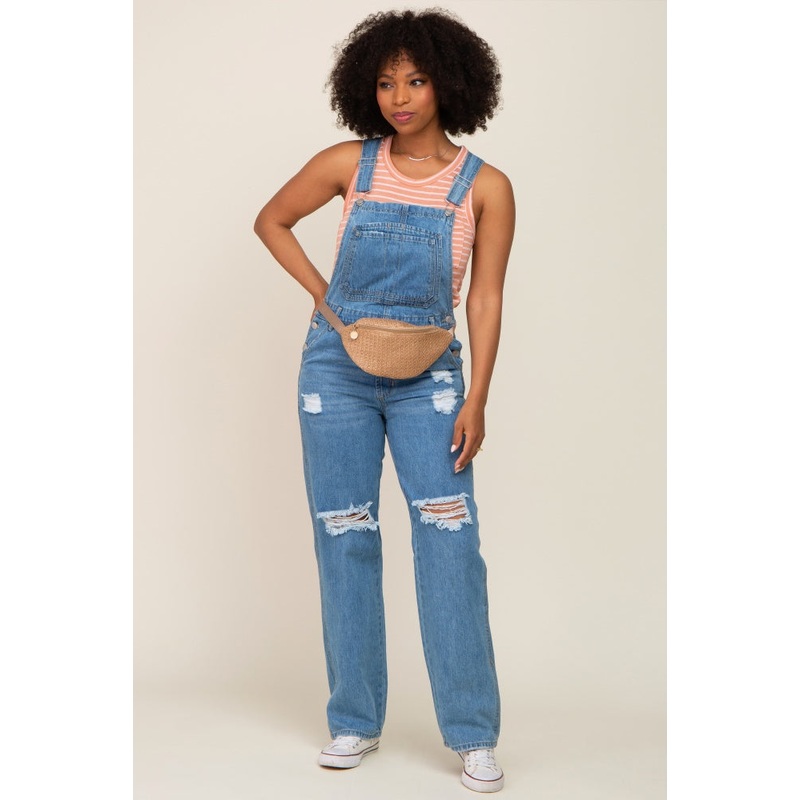Blue Medium Wash Distressed Denim Overalls