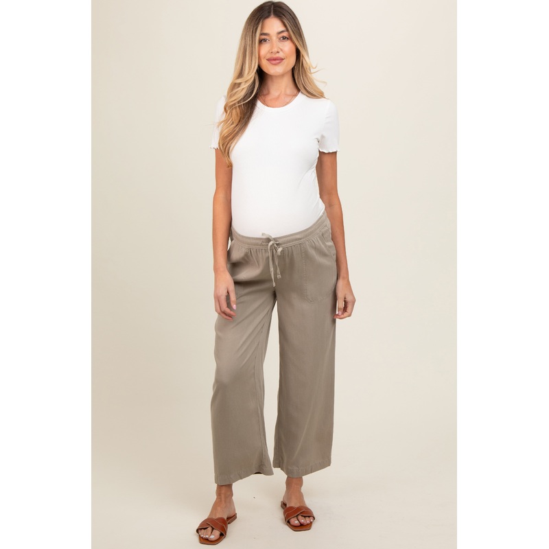 Light Olive Front Tie Cropped Maternity Pants