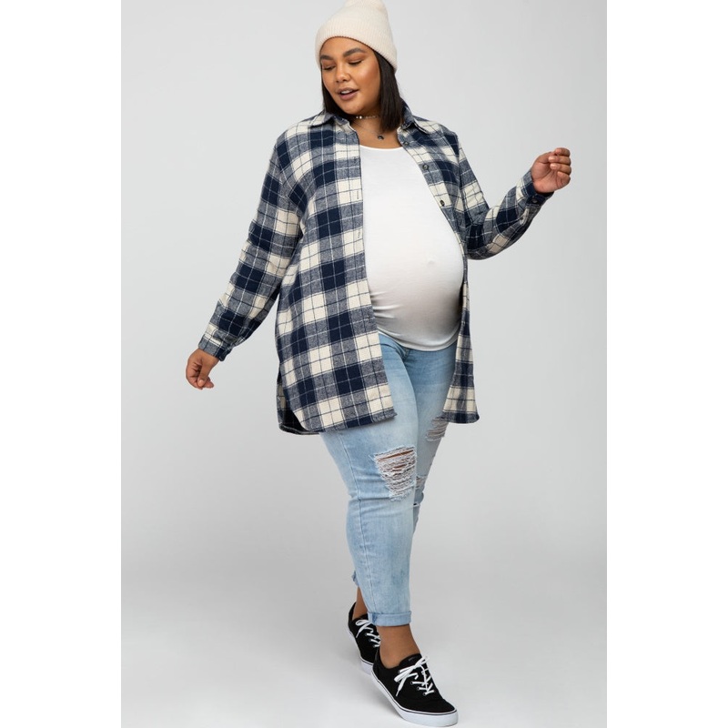 Navy Plaid Maternity Plus Shirt Jacket
