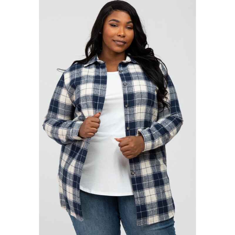 Navy Plaid Plus Shirt Jacket