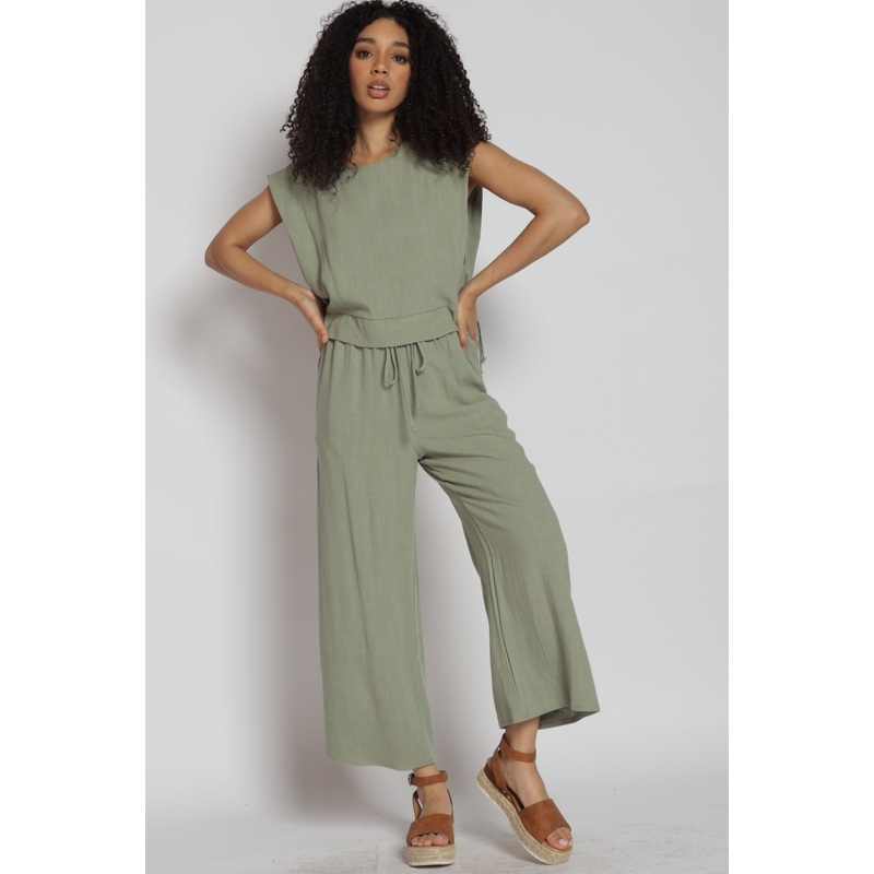 Olive Linen Top And Pants With Side Pockets