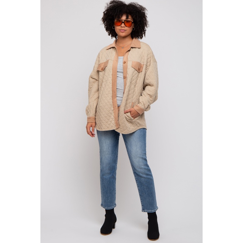 Taupe Colorblock Quilted Shirt Jacket