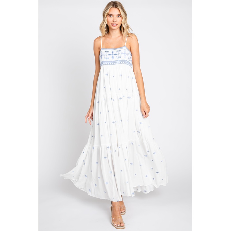 White Floral Embroidered Tiered Maxi Dress