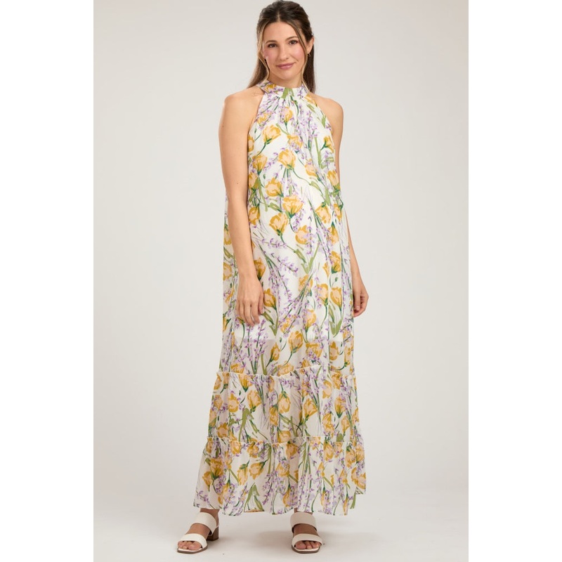 White Floral Halter Maternity Maxi Dress