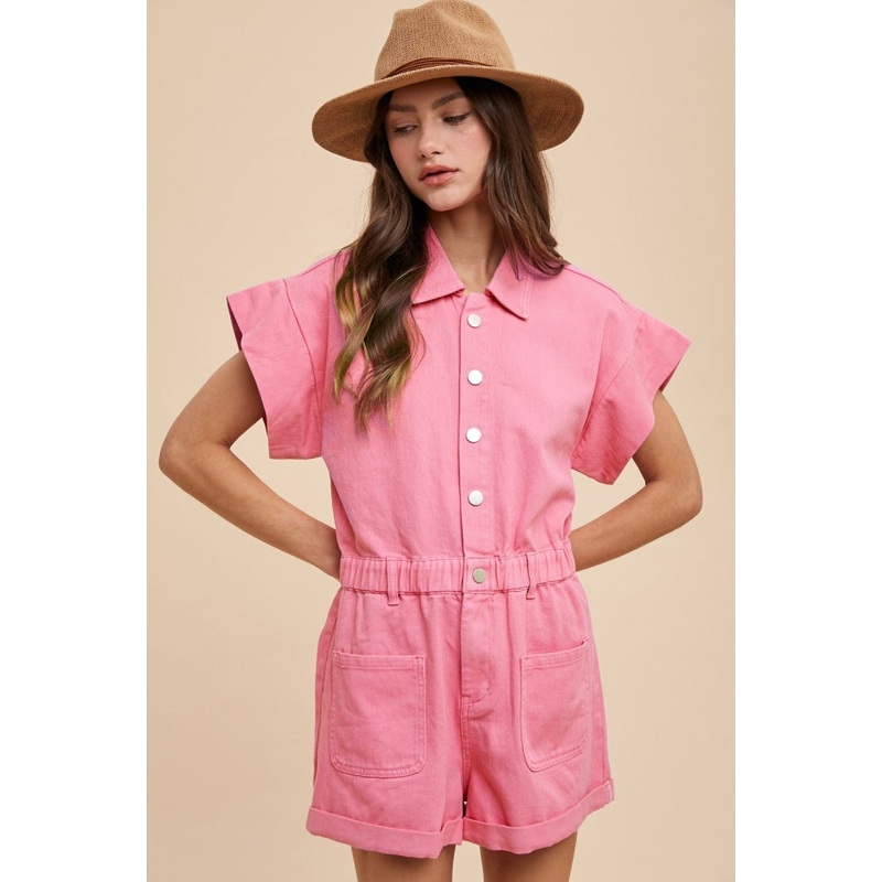 Aurora Pink Mineral Washed Elastic Waistband Pockets Romper
