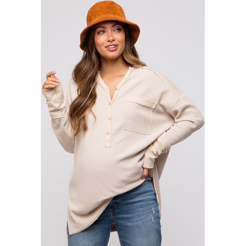 Beige Colorblock Waffle Knit Henley Maternity Top