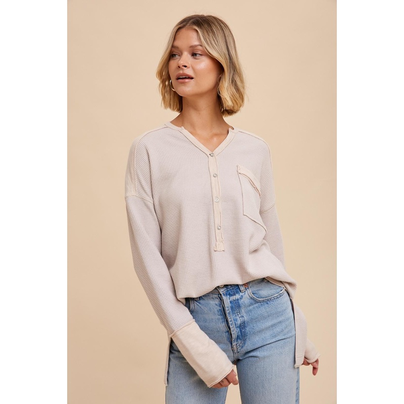 Beige Colorblock Waffle Knit Henley Top