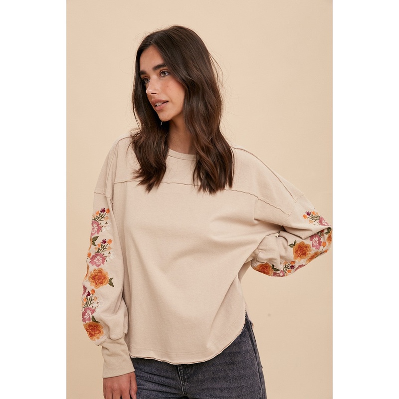 Beige Garment Washed Pullover With Embroidered Sleeves