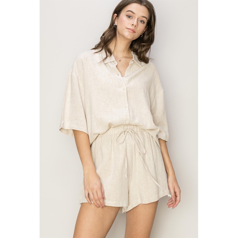 Beige Linen Blend Short Sleeve Short Set