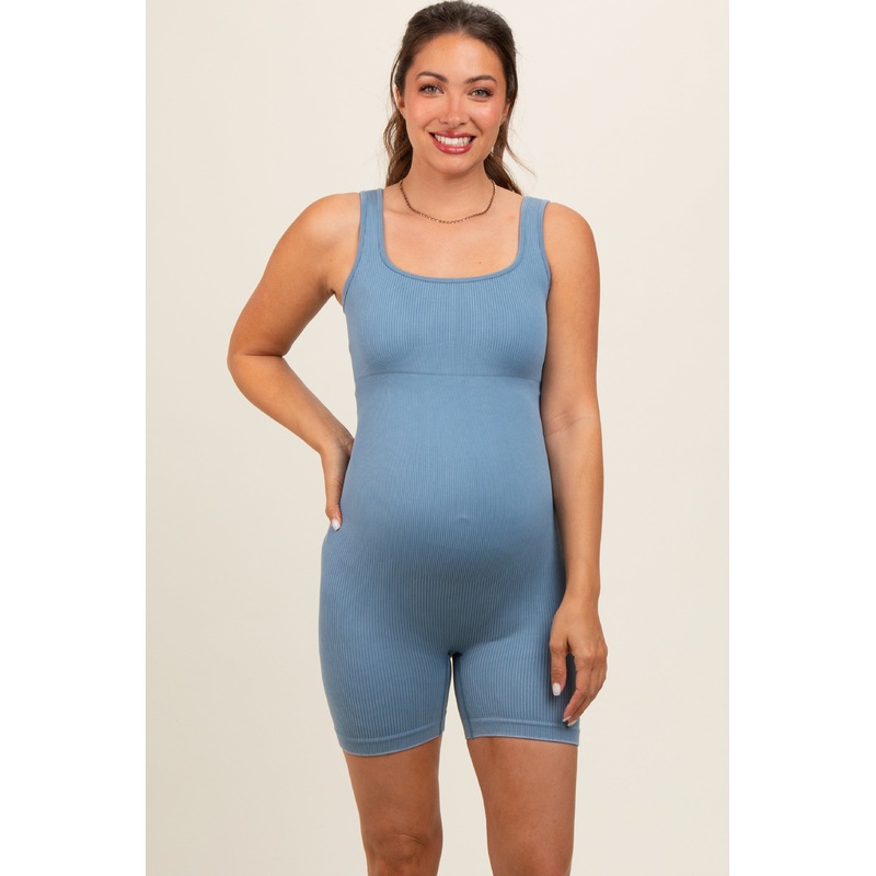 Blue Ribbed Essential Body Sculpt Maternity Romper