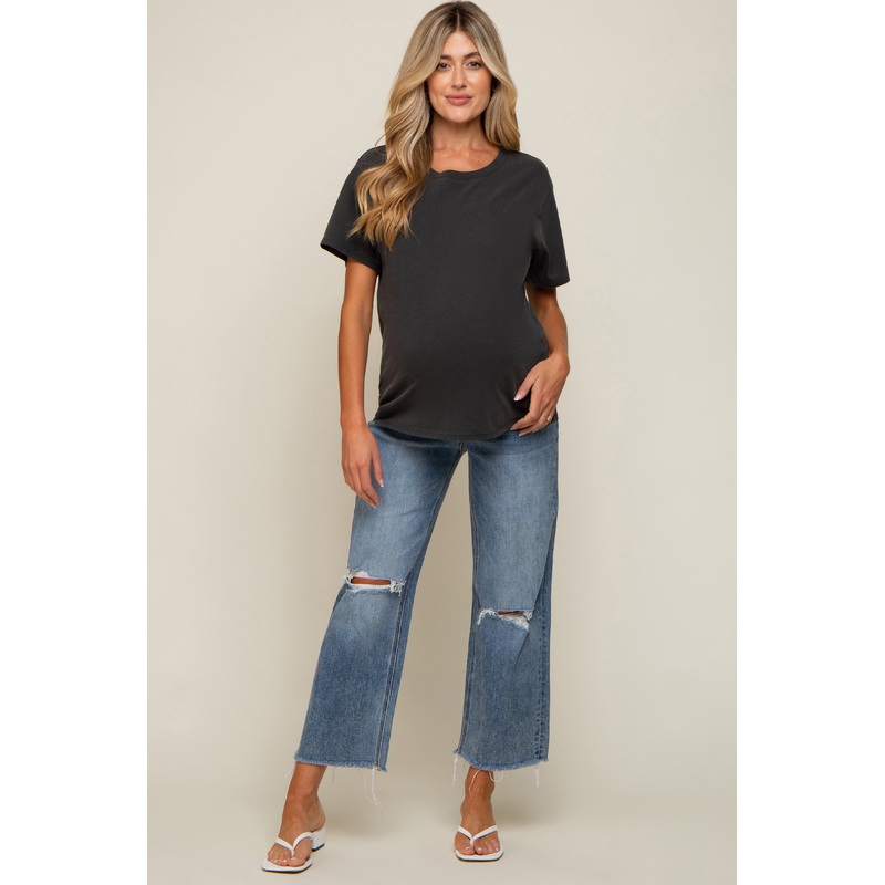 Blue Wide Leg Distressed Knee Maternity Jeans