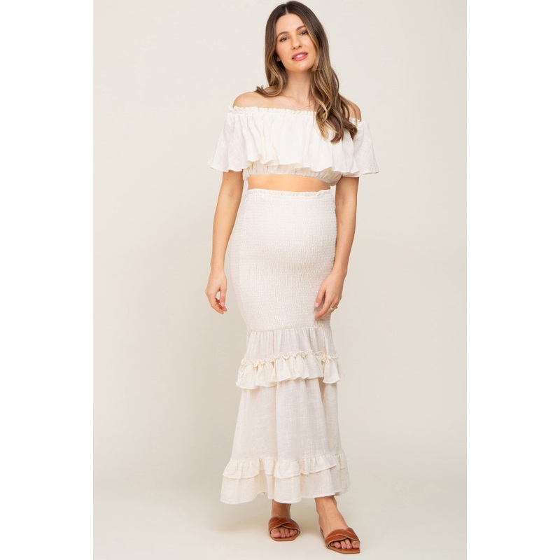 Cream Linen Off Shoulder Top and Smocked Tiered Skirt Maternity Set