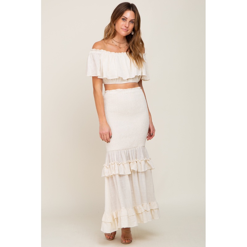 Cream Linen Off Shoulder Top and Smocked Tiered Skirt Set