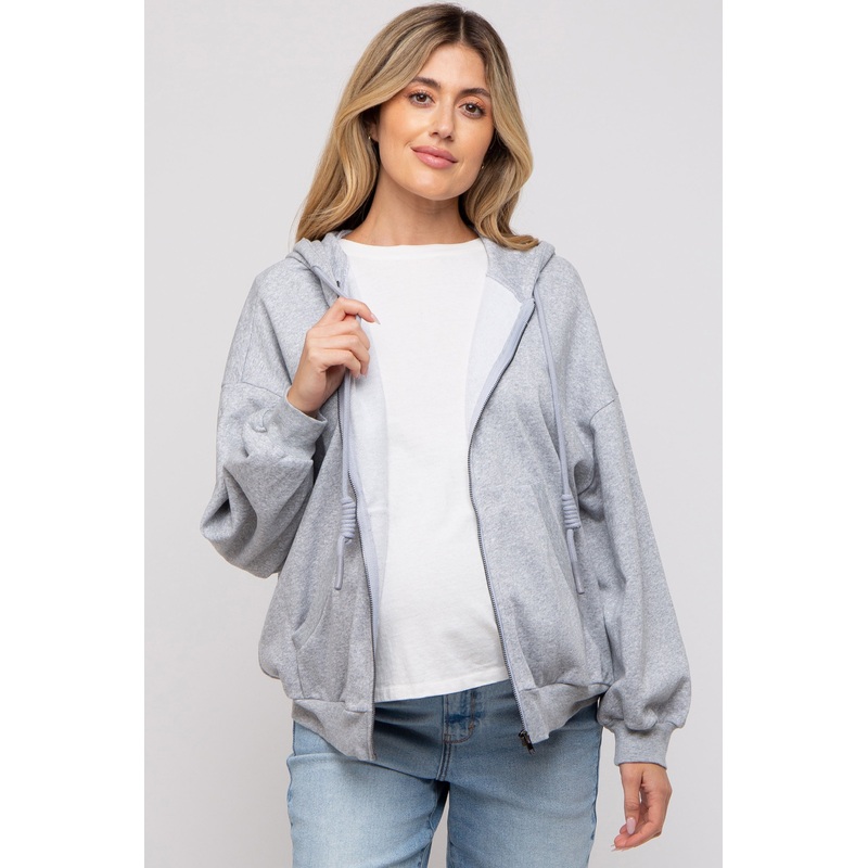 Heather Grey Zipper Hooded Maternity Jacket
