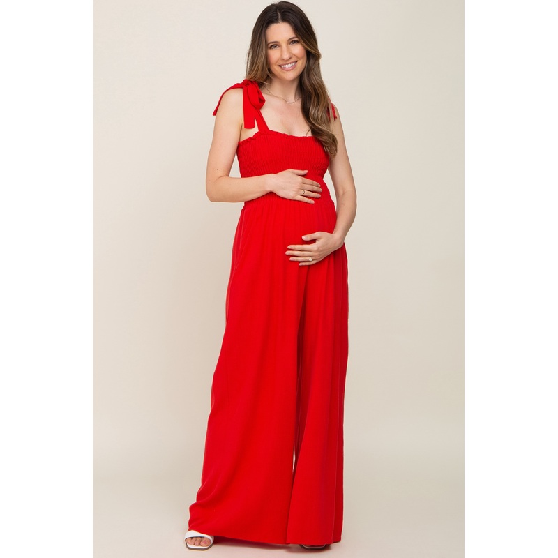 Red Sleeveless Smocked Wide Leg Maternity Jumpsuit